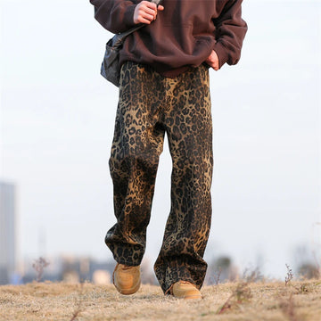 Riolio Leopard Print Jeans Men Fashion Retro Wide Leg Jeans Men Streetwear Hip-hop Loose Straight Jeans Mens Vintage Denim Trousers